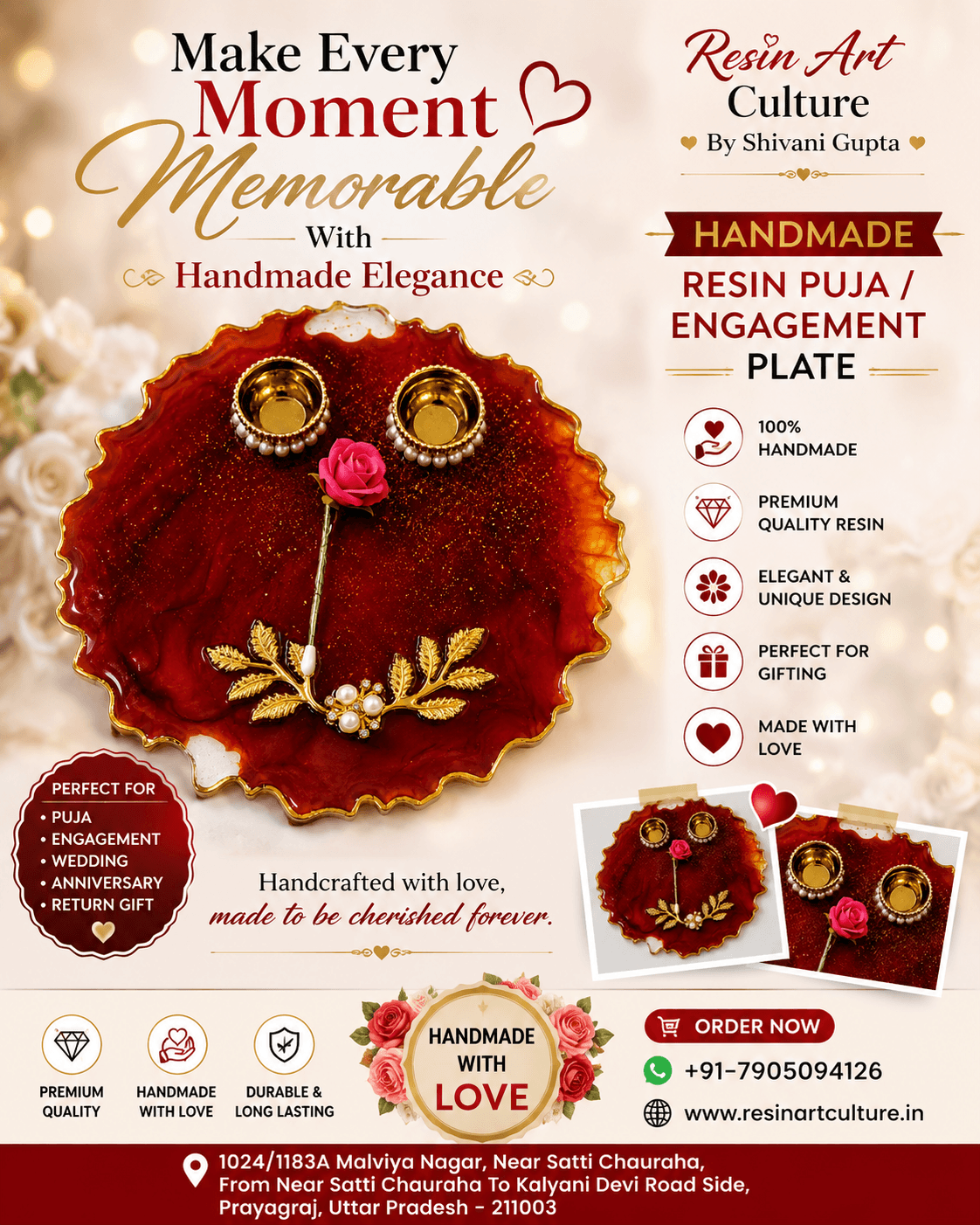Handmade Resin Pooja Thali with Rose & Kumkum Bowls Premium Engagement Plate